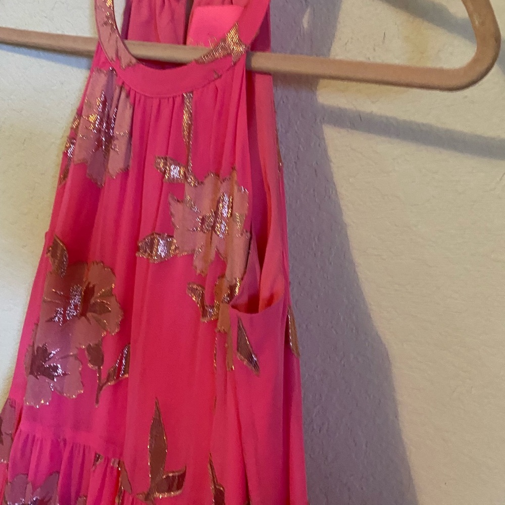 LILLY PULITZER Beccalyn Silk Blend Halter Tiered Metallic Pink Maxi Dress XXS - Picture 9 of 15